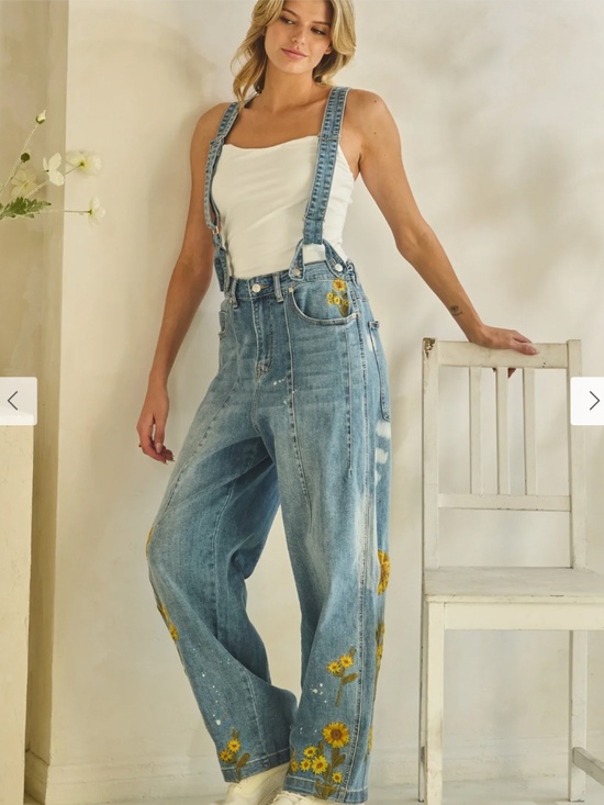 Oli & Hali Pants - Oli & Hali Light Blue Denim Floral Embroidered Wide-Leg Overalls